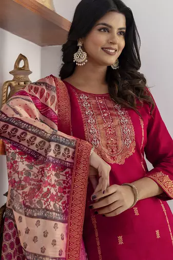 pink jacquard festive kurta set