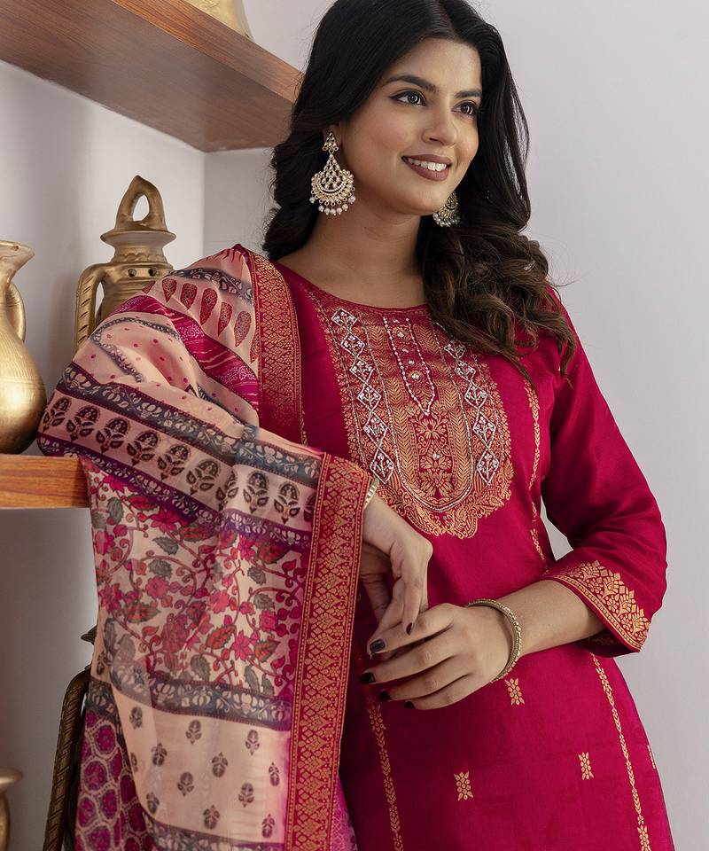pink jacquard festive kurta set