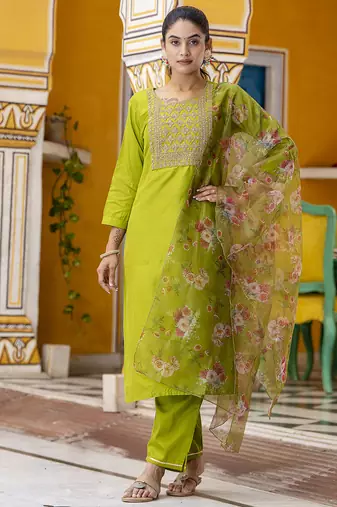green cotton silk festive kurta set