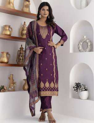purple jacquard festive kurta set 1