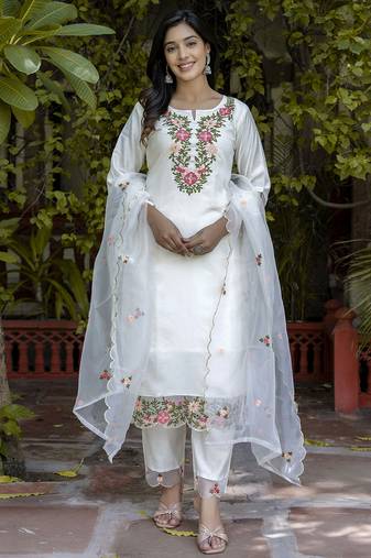 white silk blend festive kurta set