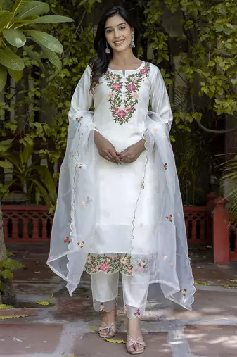 white silk blend festive kurta set