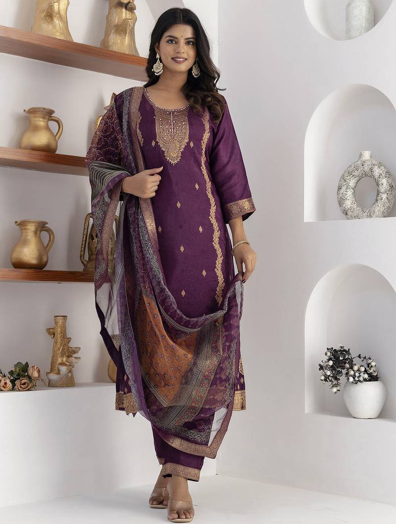 purple jacquard festive kurta set