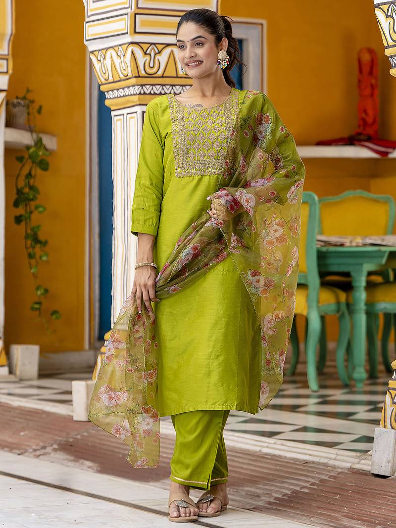 green cotton silk festive kurta set
