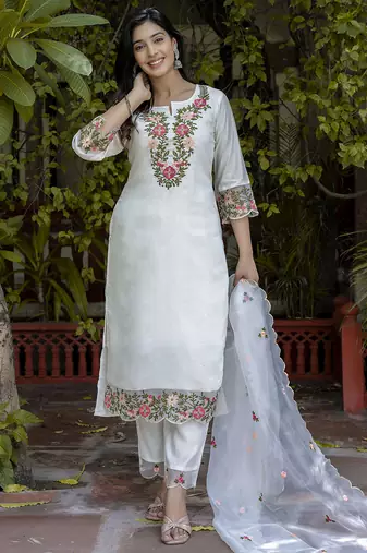 white silk blend festive kurta set