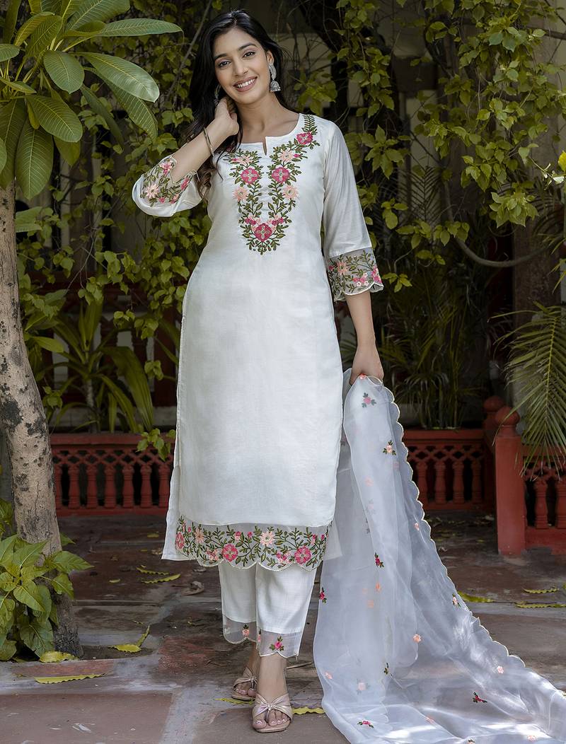 white silk blend festive kurta set