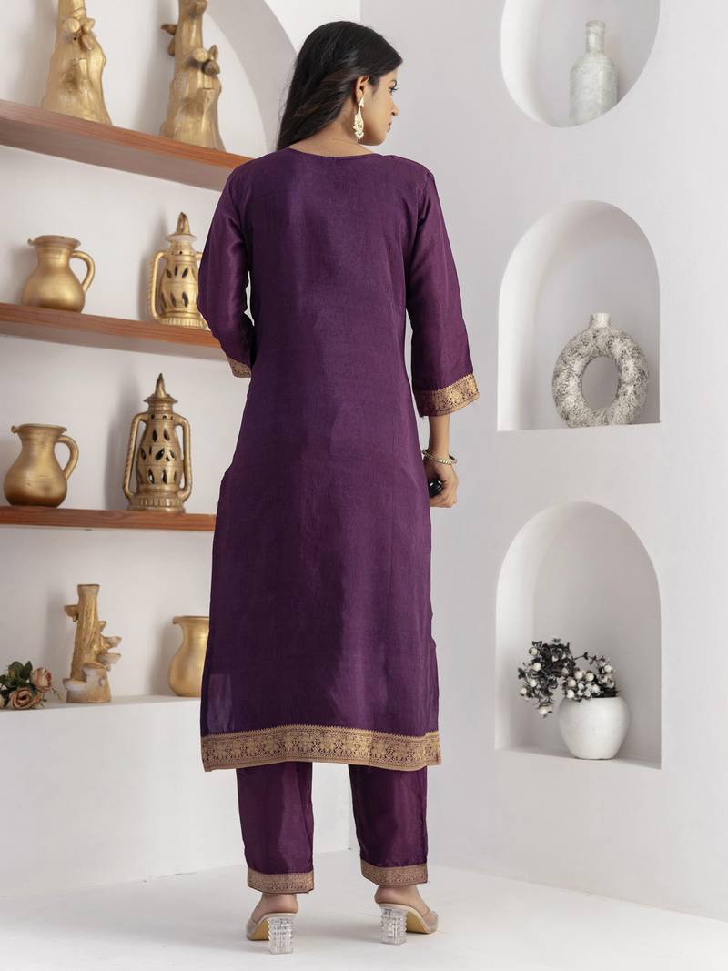 purple jacquard festive kurta set