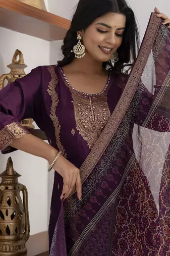 purple jacquard festive kurta set