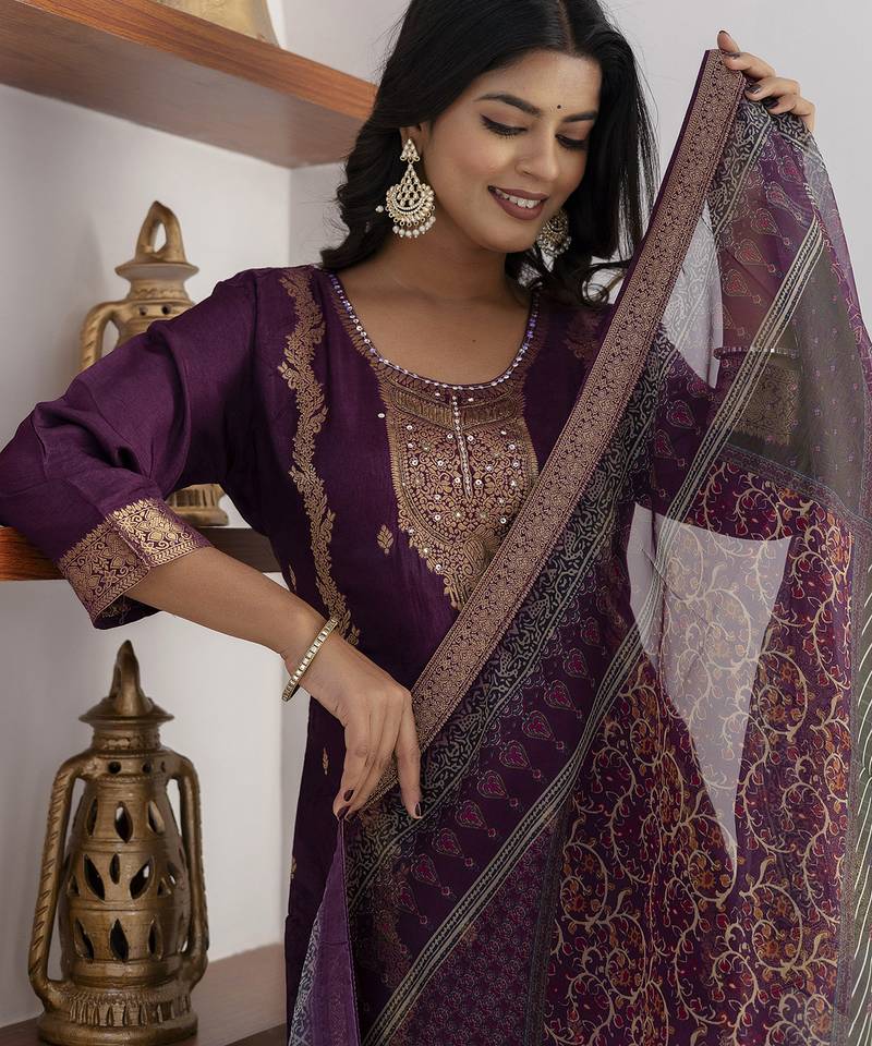 purple jacquard festive kurta set