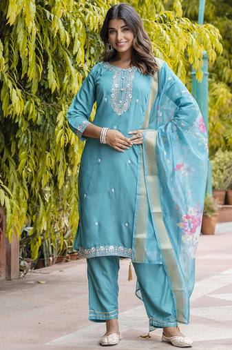blue viscose festive kurta set