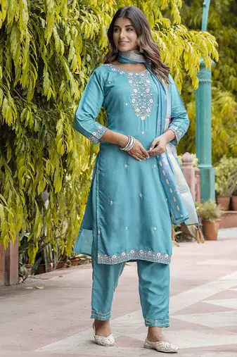 blue viscose festive kurta set