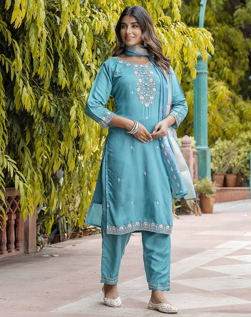 blue viscose festive kurta set