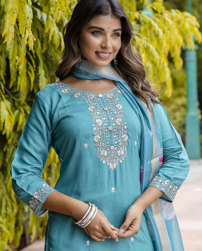 blue viscose festive kurta set