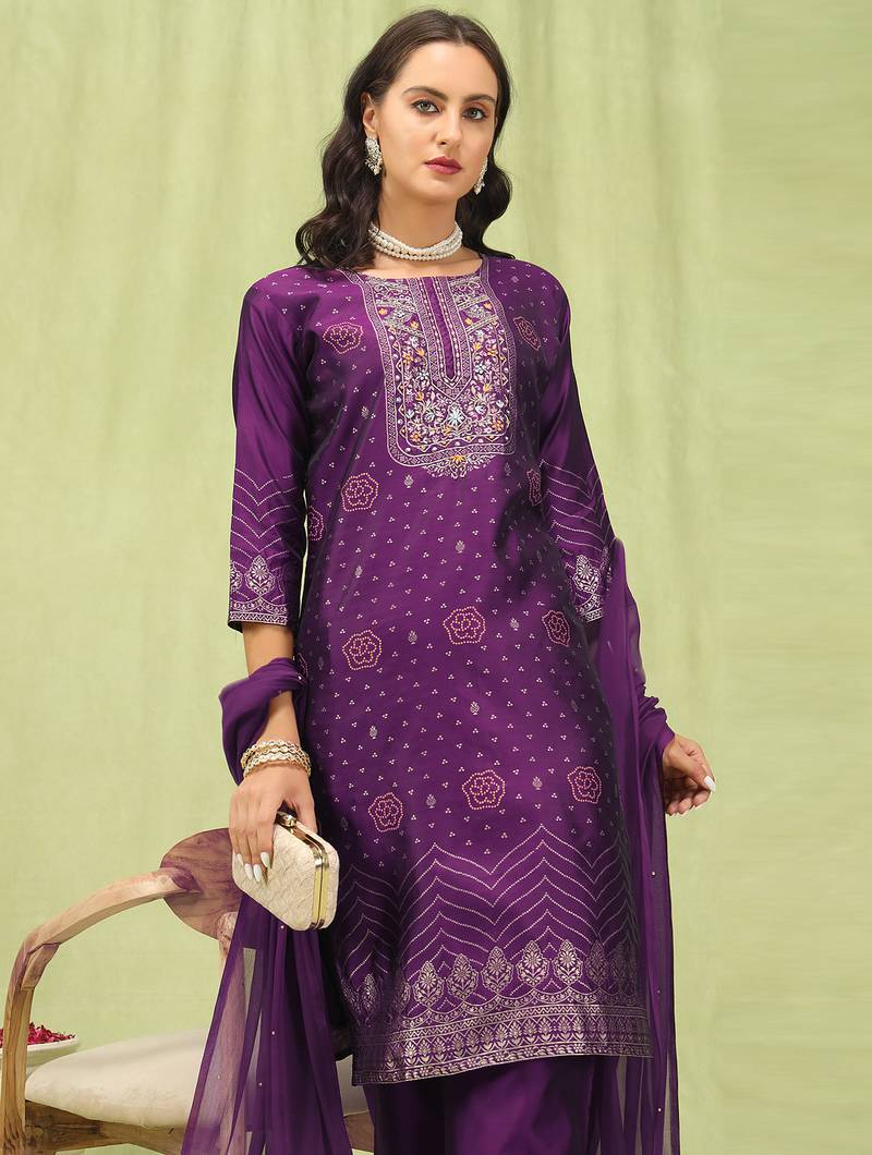 purple jacquard festive kurta set