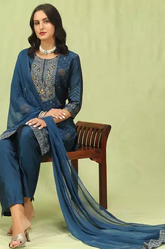 blue jacquard festive kurta set