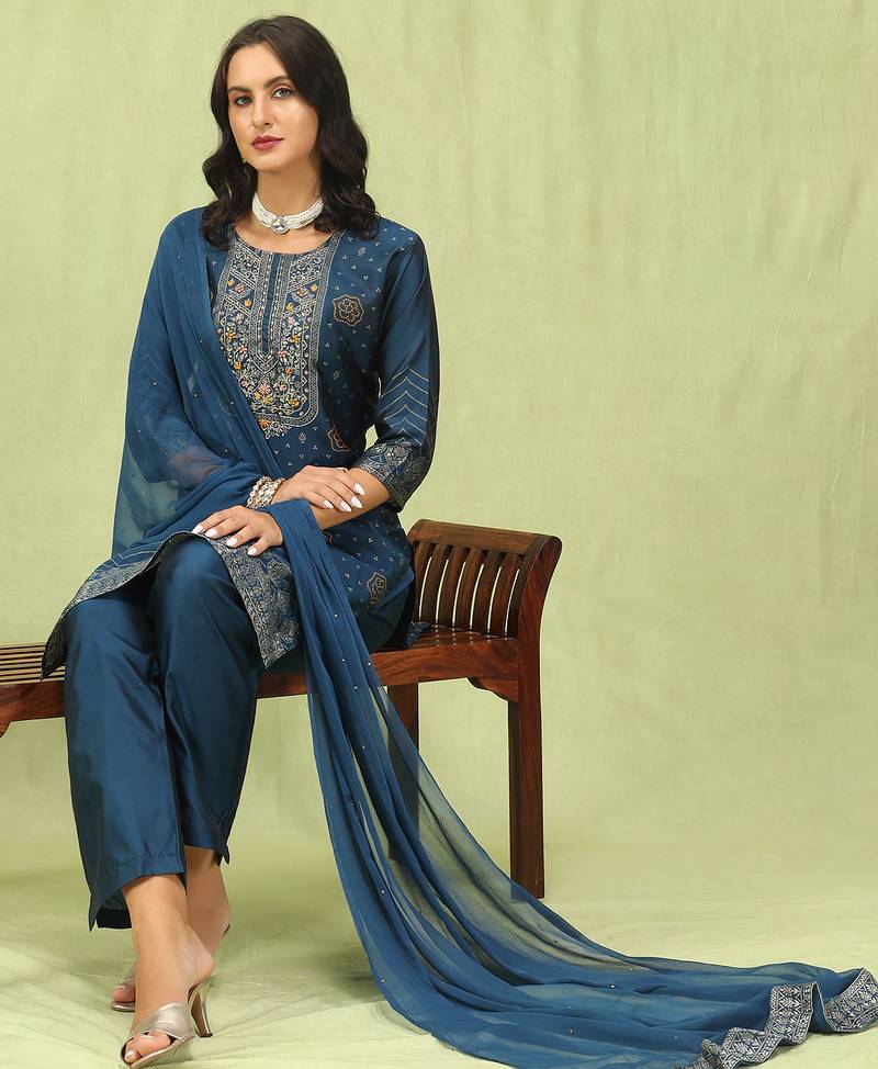 blue jacquard festive kurta set