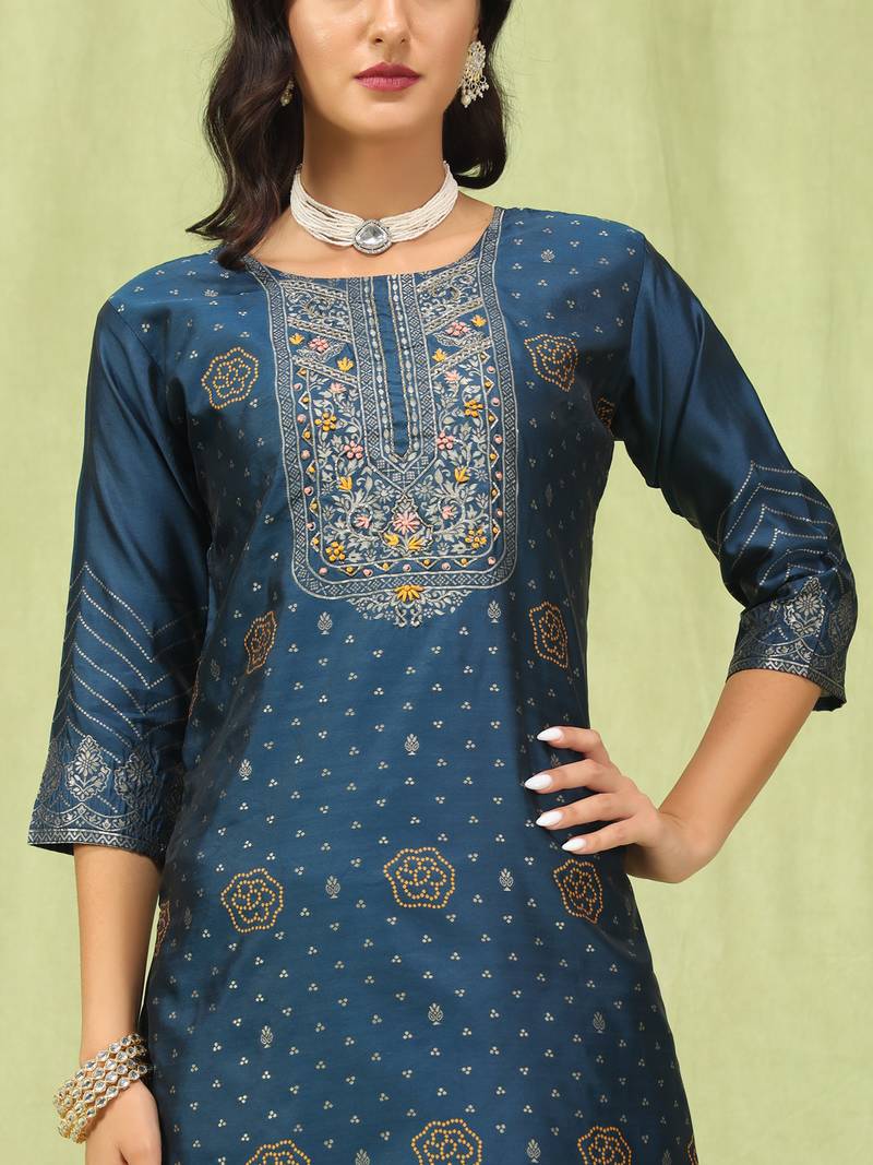 blue jacquard festive kurta set