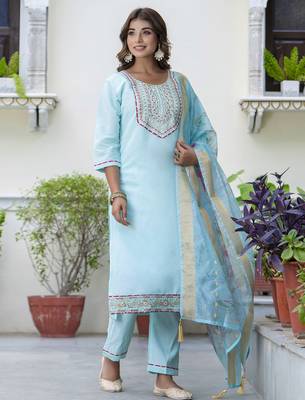 sky-blue silk blend festive kurta set 1