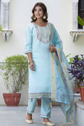 sky-blue silk blend festive kurta set