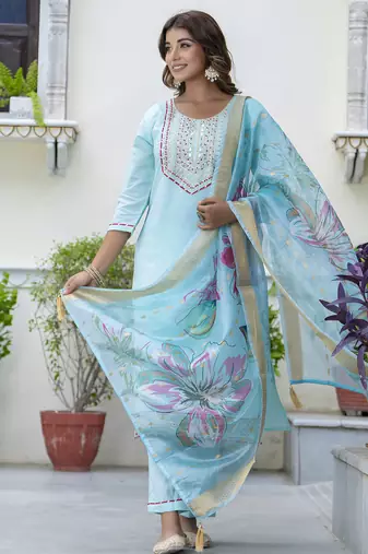 sky-blue silk blend festive kurta set