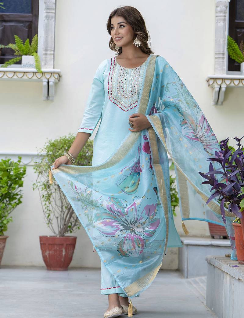 sky-blue silk blend festive kurta set