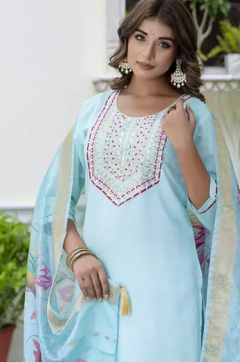 sky-blue silk blend festive kurta set