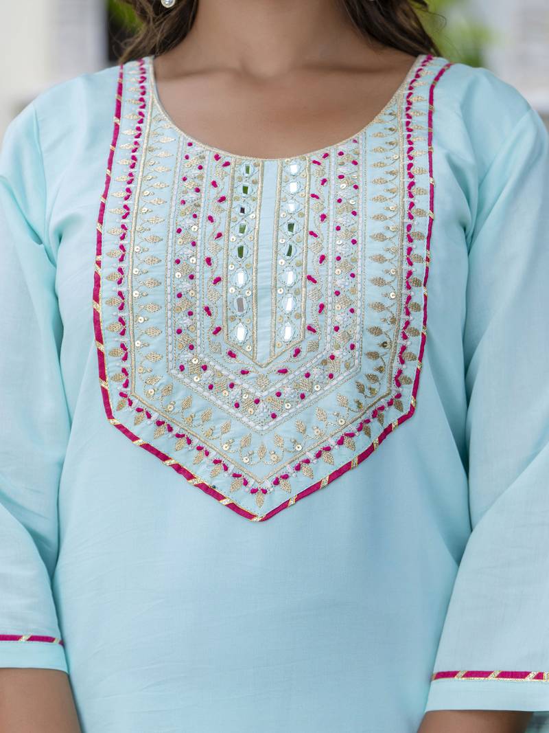 sky-blue silk blend festive kurta set