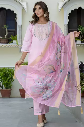 pink silk blend festive kurta set