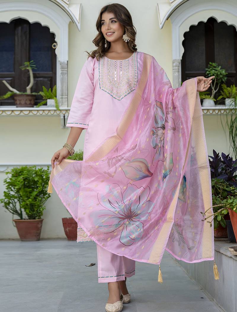 pink silk blend festive kurta set