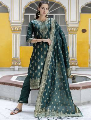 green jacquard festive kurta set 1