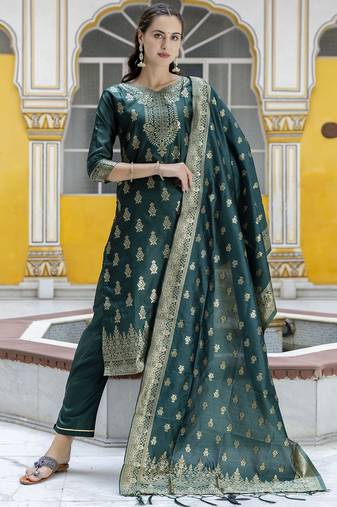 green jacquard festive kurta set