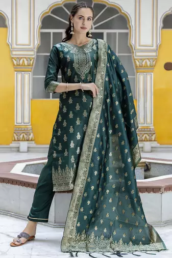 green jacquard festive kurta set