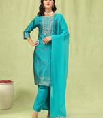 royal-blue jacquard festive kurta set