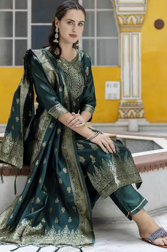 green jacquard festive kurta set