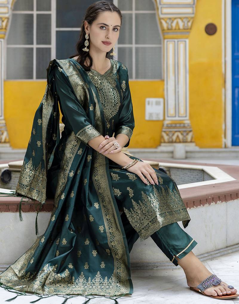 green jacquard festive kurta set