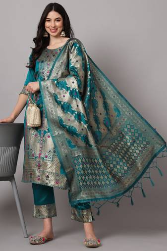 royal-blue jacquard festive kurta set