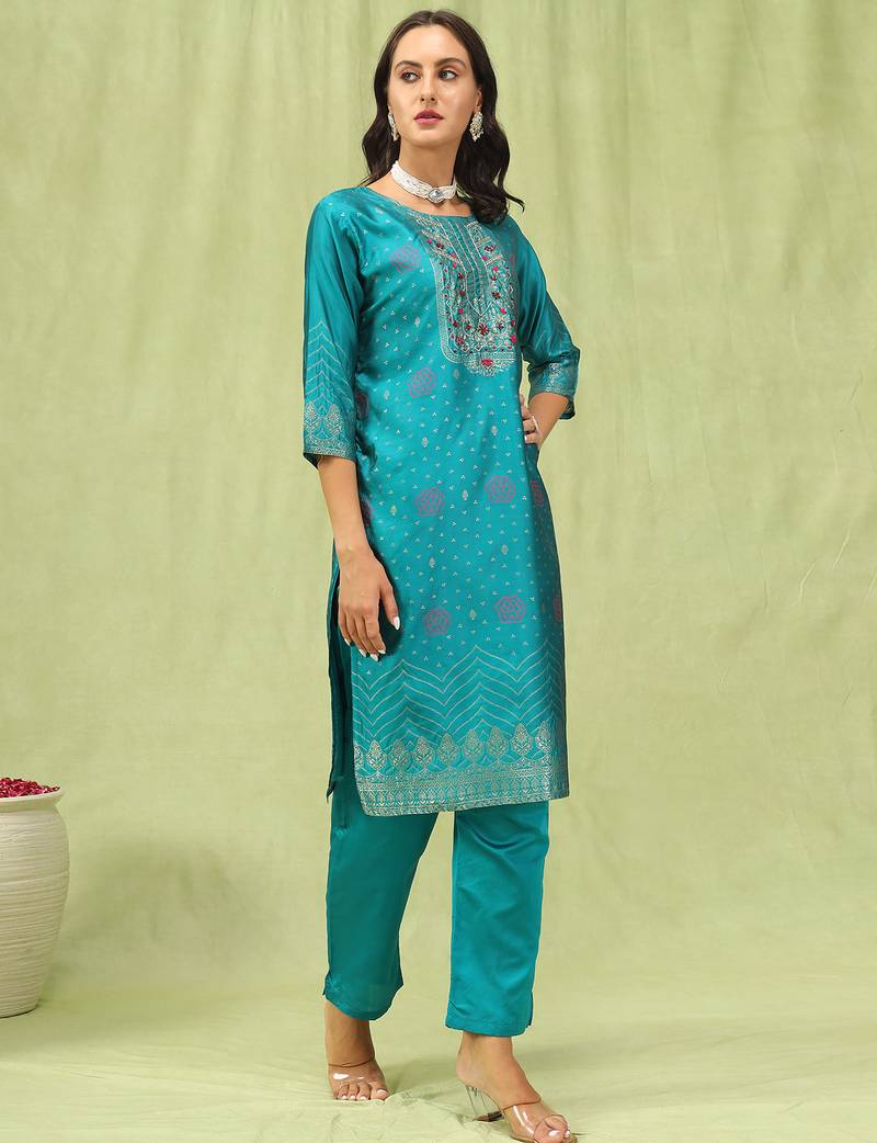 royal-blue jacquard festive kurta set