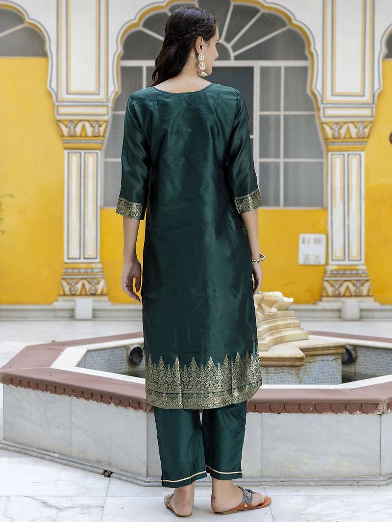 green jacquard festive kurta set
