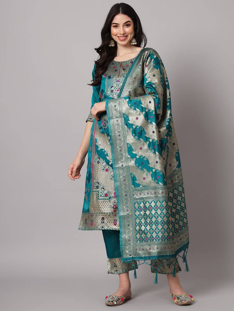 royal-blue jacquard festive kurta set