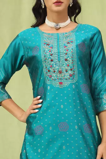 royal-blue jacquard festive kurta set