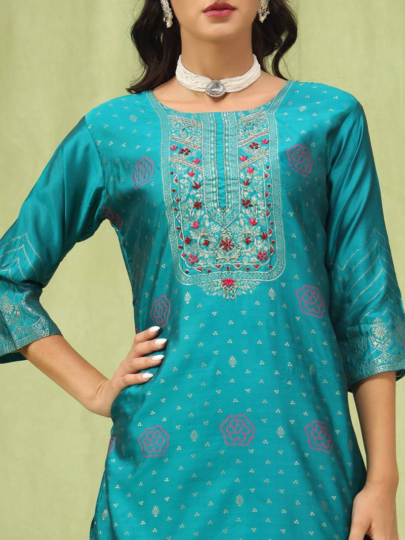 royal-blue jacquard festive kurta set