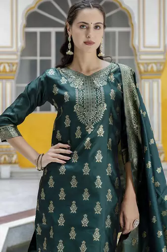 green jacquard festive kurta set