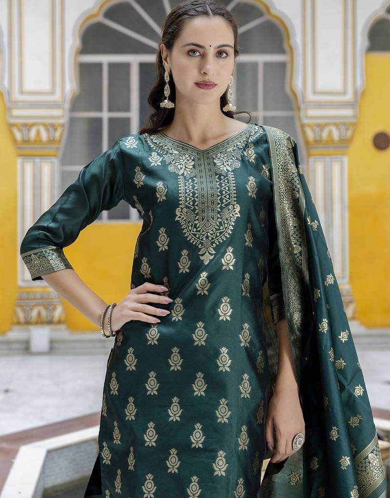 green jacquard festive kurta set