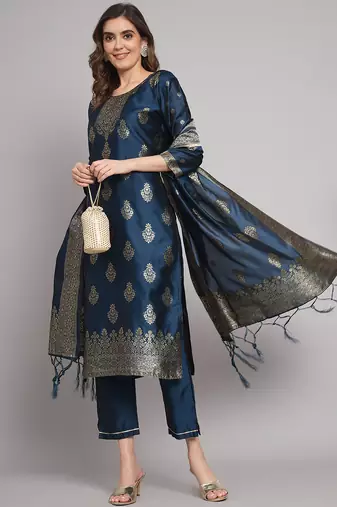 navy-blue jacquard festive kurta set