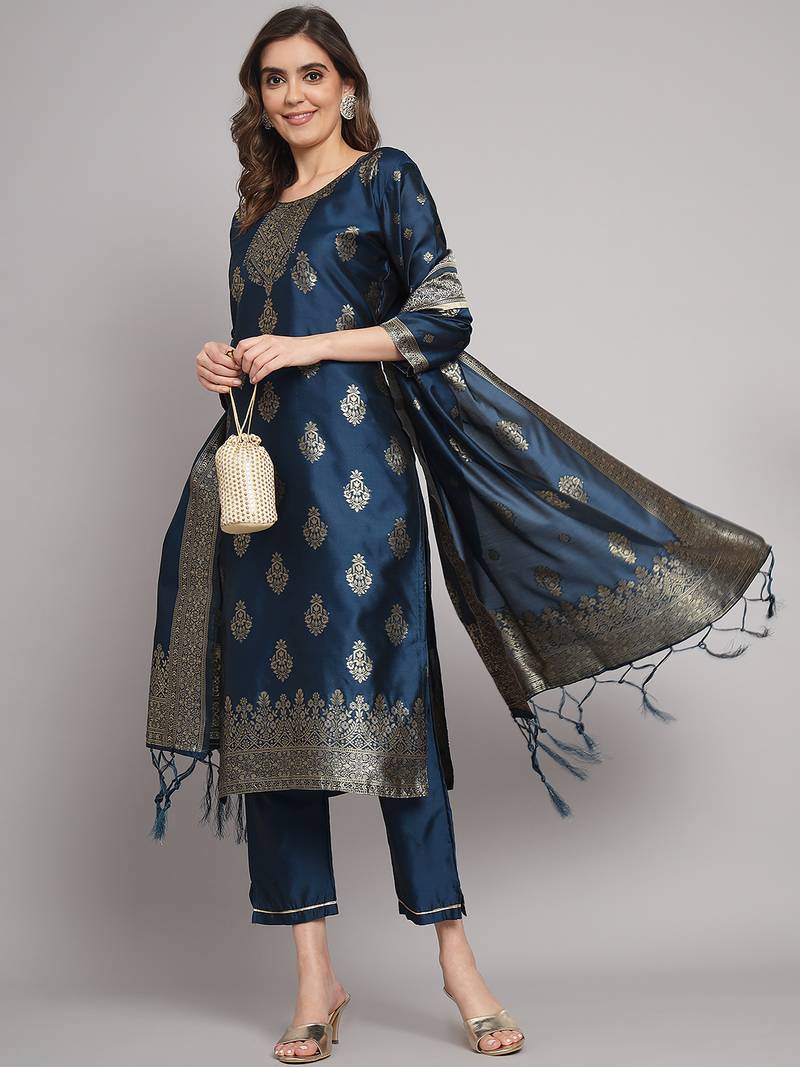 navy-blue jacquard festive kurta set