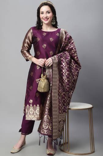 purple jacquard festive kurta set