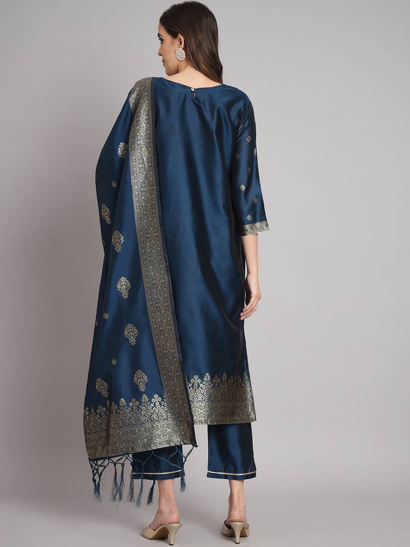 navy-blue jacquard festive kurta set