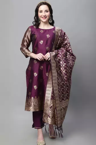 purple jacquard festive kurta set