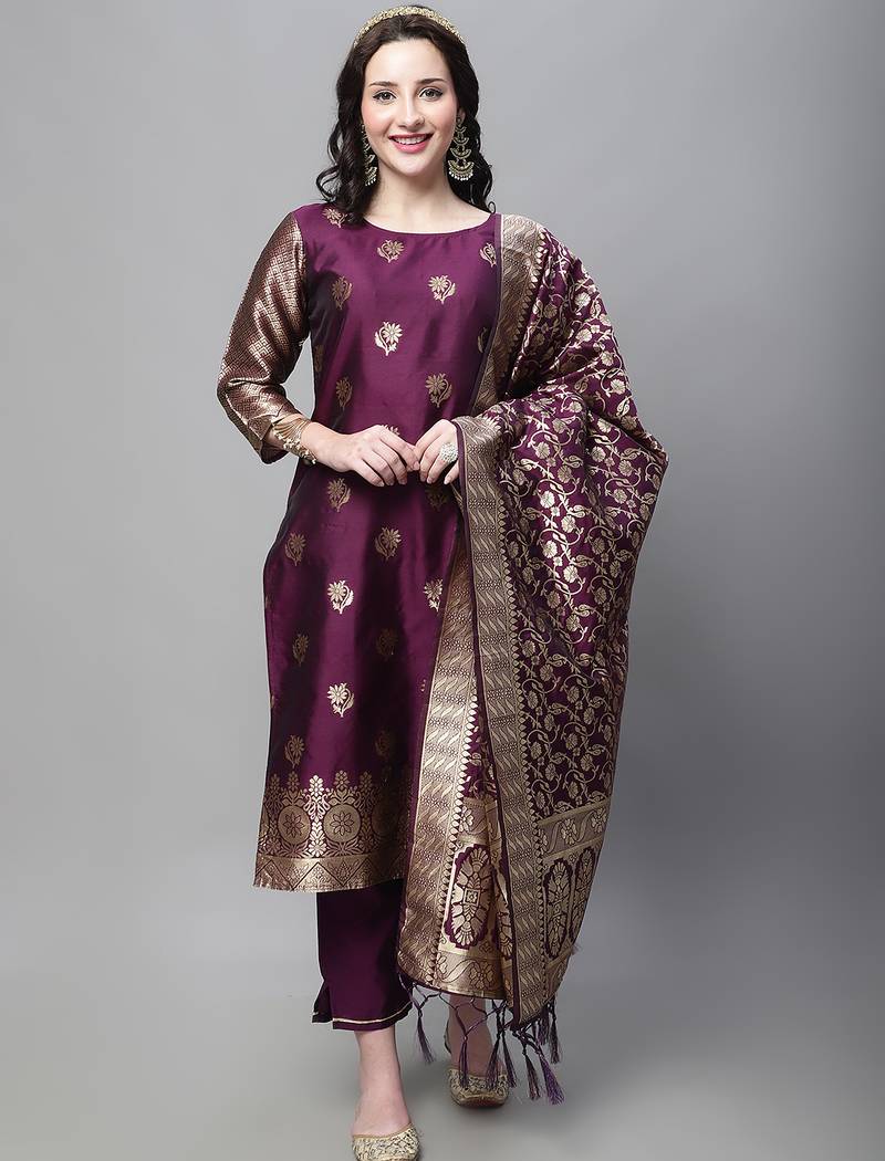 purple jacquard festive kurta set