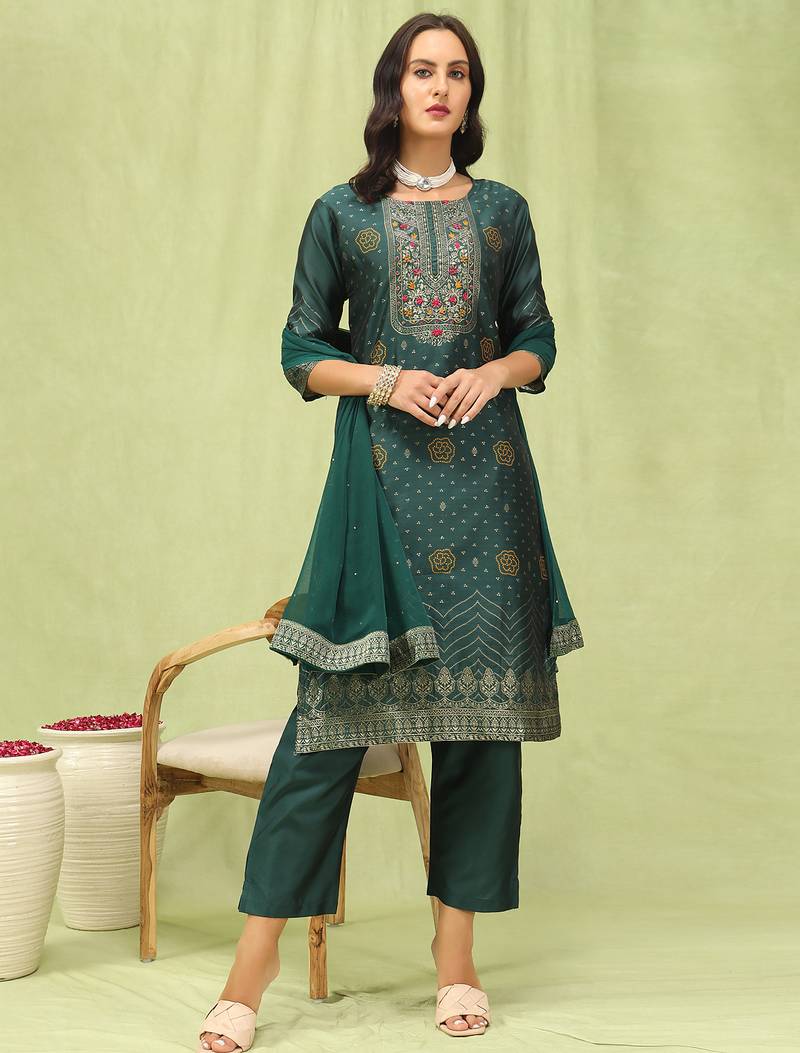 green jacquard festive kurta set